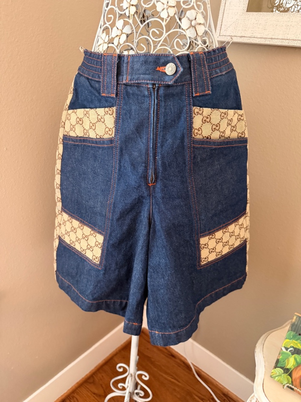 Gucci Denim Shorts with Beige Monogram Panels Size 36